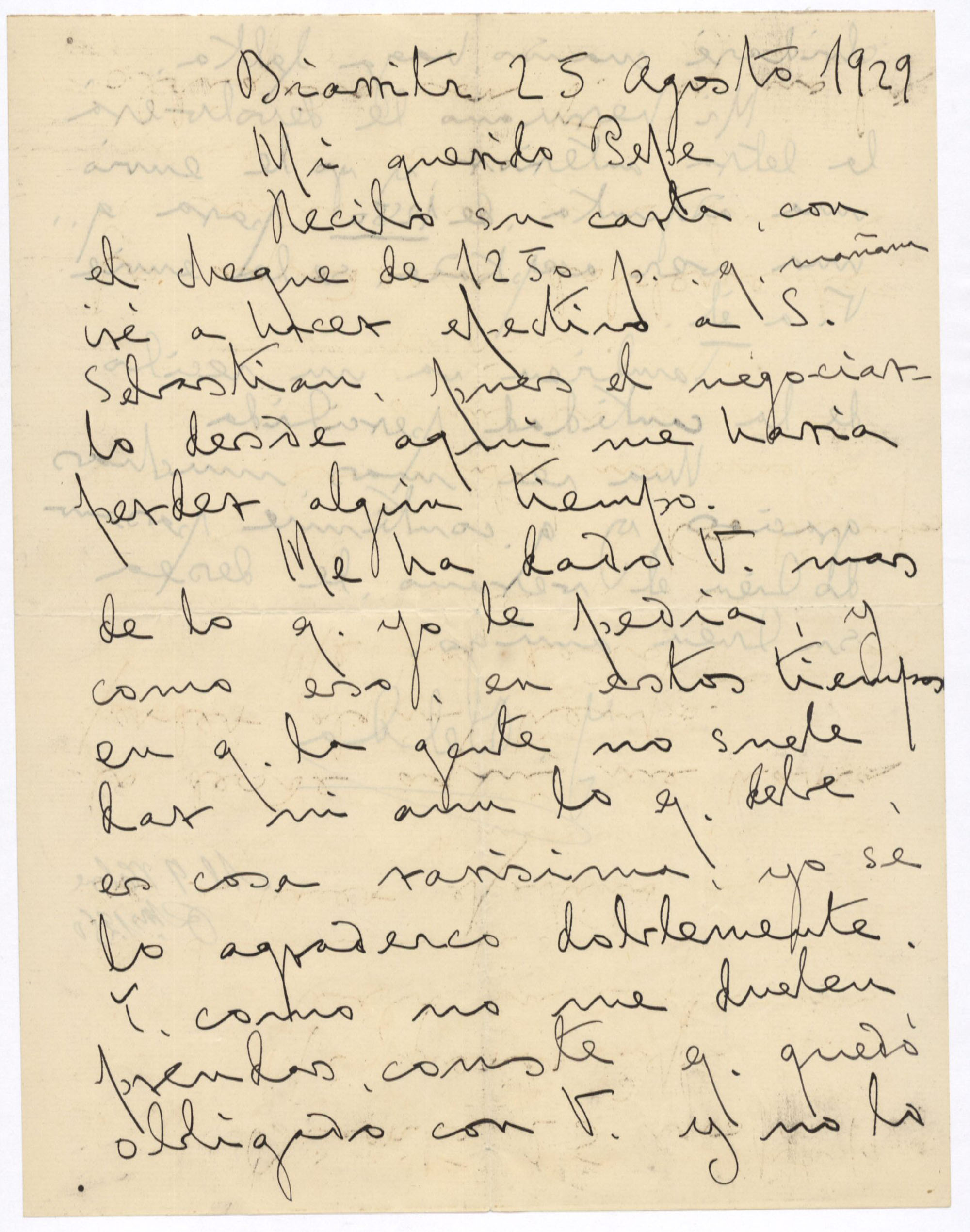 Carta de Joaquín Belda a José Ruiz-Castillo agradeciéndole el cheque de 1.250 pesetas recibidas.